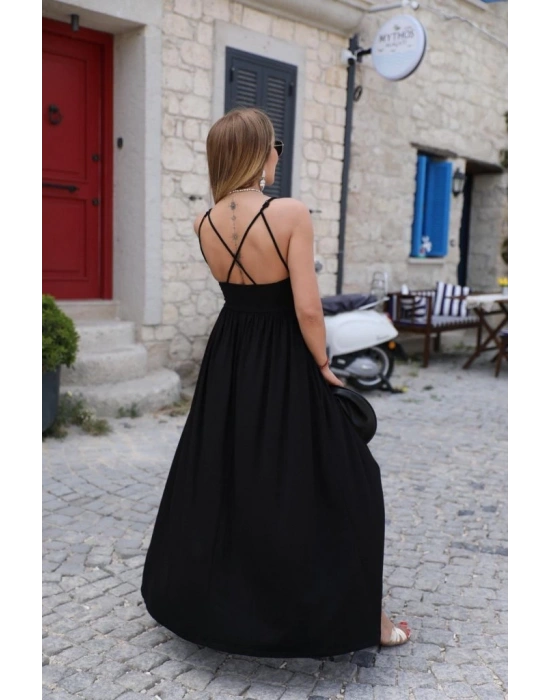 Kadın Sırttan çapraz Bağcıklı Yırtmaçlı Cepli Viskon Elbise