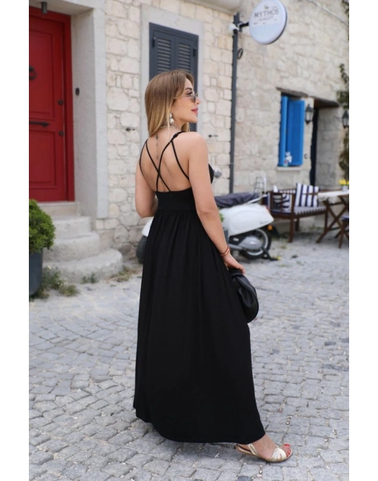 Kadın Sırttan çapraz Bağcıklı Yırtmaçlı Cepli Viskon Elbise