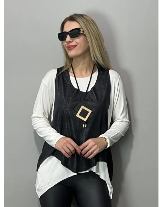 Kadın Siyah Deri Yelekli Kolye Dahil üçlü Takım