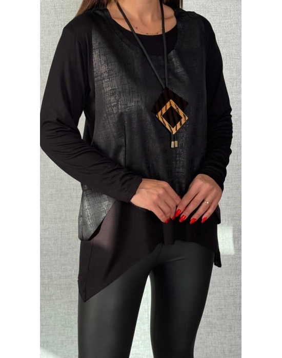 Kadın Siyah Deri Yelekli Kolye Dahil üçlü Takım