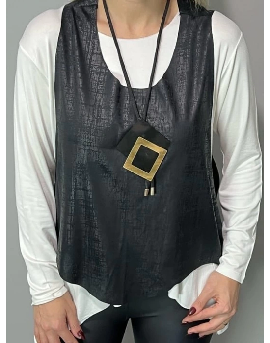 Kadın Siyah Deri Yelekli Kolye Dahil üçlü Takım