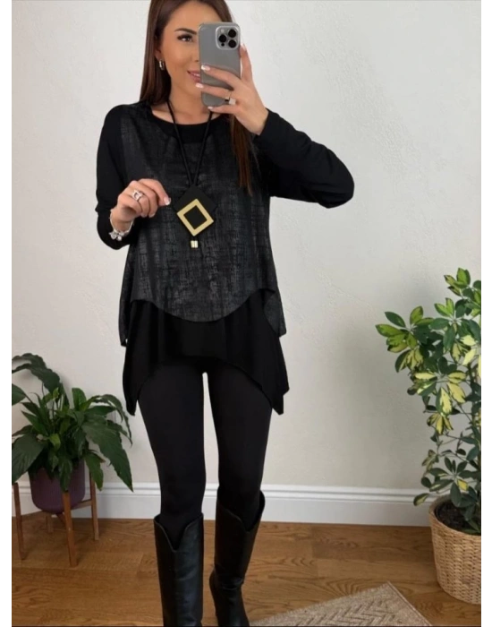 Kadın Siyah Deri Yelekli Kolye Dahil üçlü Takım