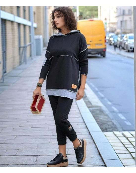 Kadın iyah Kapşonlu Etek Ucu Detay Arma Ters Dikiş Gorunumlu Ikili Takım