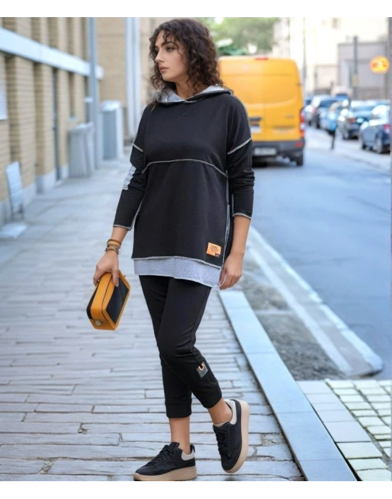 Kadın iyah Kapşonlu Etek Ucu Detay Arma Ters Dikiş Gorunumlu Ikili Takım