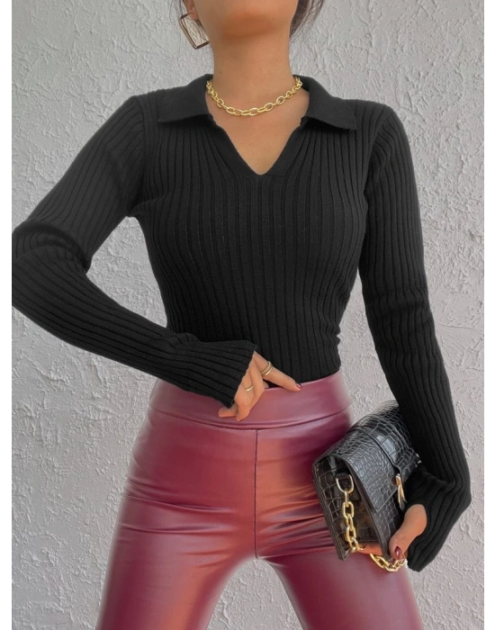 Kadın Siyah Polo Yaka Parmak Detay Triko Bluz 2047