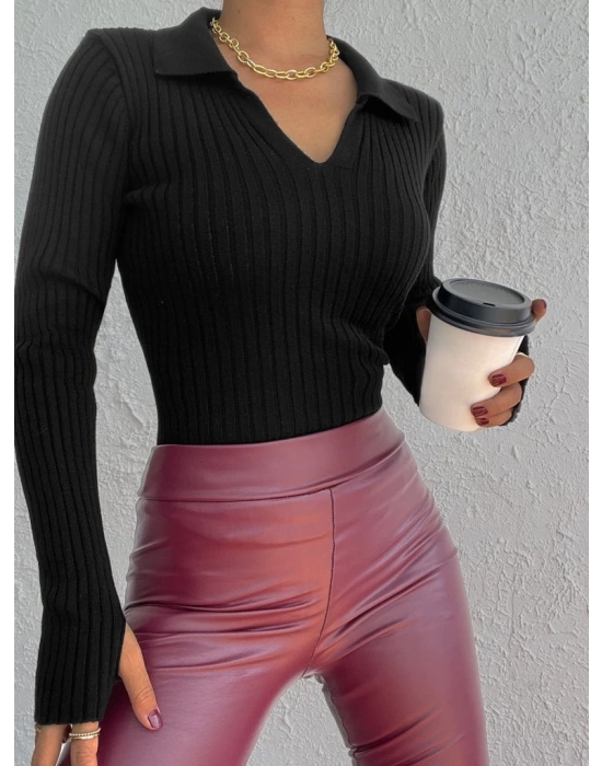 Kadın Siyah Polo Yaka Parmak Detay Triko Bluz 2047