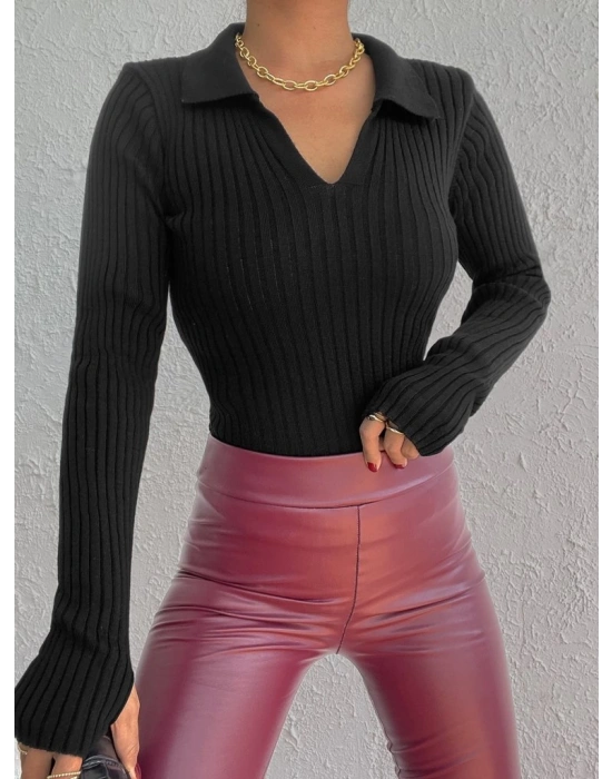 Kadın Siyah Polo Yaka Parmak Detay Triko Bluz 2047