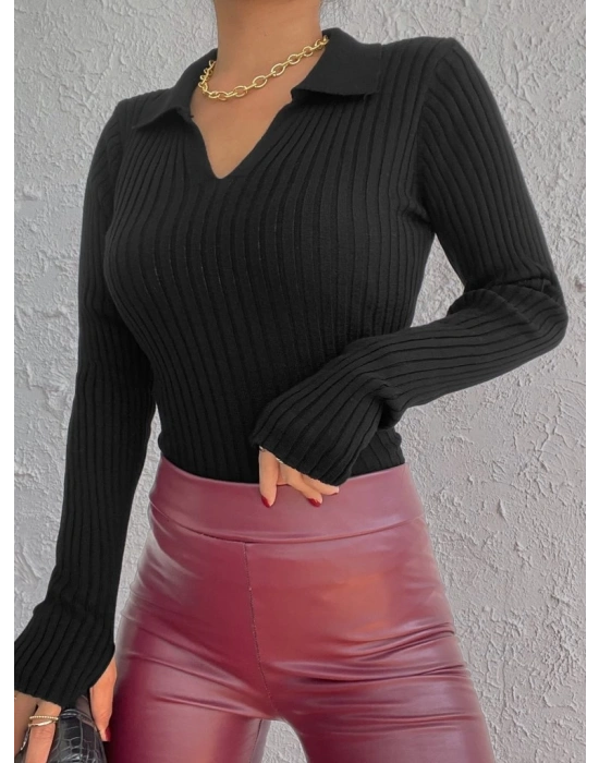 Kadın Siyah Polo Yaka Parmak Detay Triko Bluz 2047