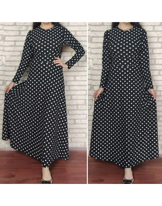 Kadın Siyah Tam Boy Beyaz Puantiyeli Elbise