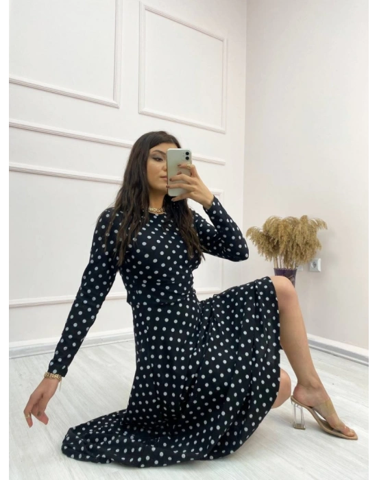 Kadın Siyah Tam Boy Beyaz Puantiyeli Elbise