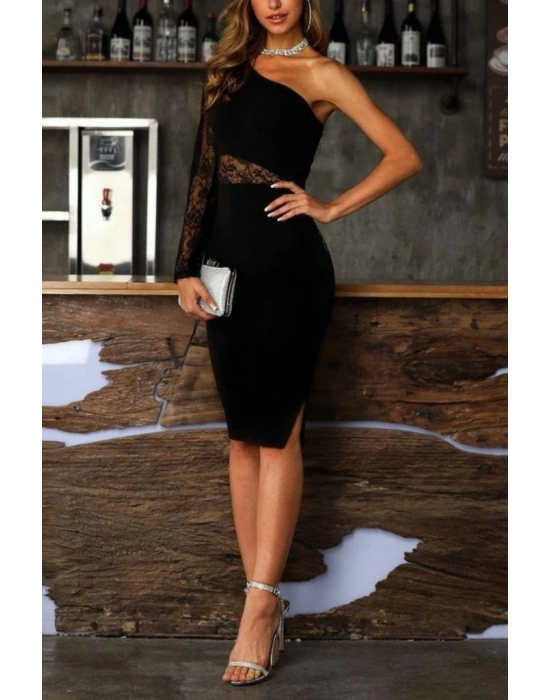 Kadın Siyah Tek Kol Dantel Detay Krep Elbise