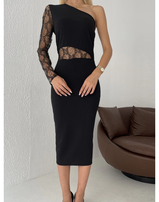 Kadın Siyah Tek Kol Dantel Detay Krep Elbise