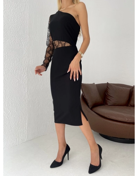 Kadın Siyah Tek Kol Dantel Detay Krep Elbise