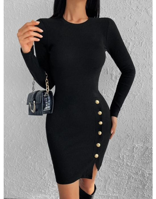Kadın Siyah Uzun Kollu Bisiklet Yaka Yan Yırtmaç Düğme Detay Kısa Kaşkorse Elbise