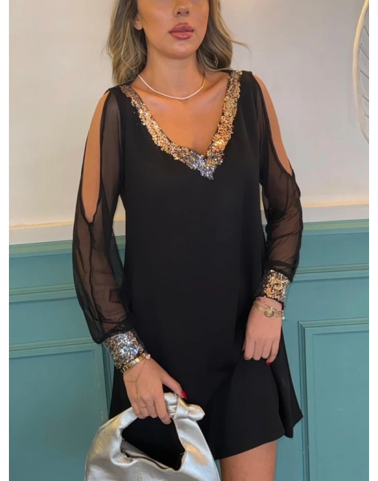 Kadın Siyah Uzun Kollu Kollar Tül Yırtmaçlı V Yakalı Kısa Krep Elbise