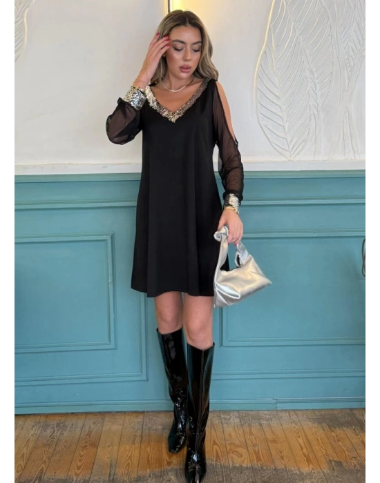 Kadın Siyah Uzun Kollu Kollar Tül Yırtmaçlı V Yakalı Kısa Krep Elbise