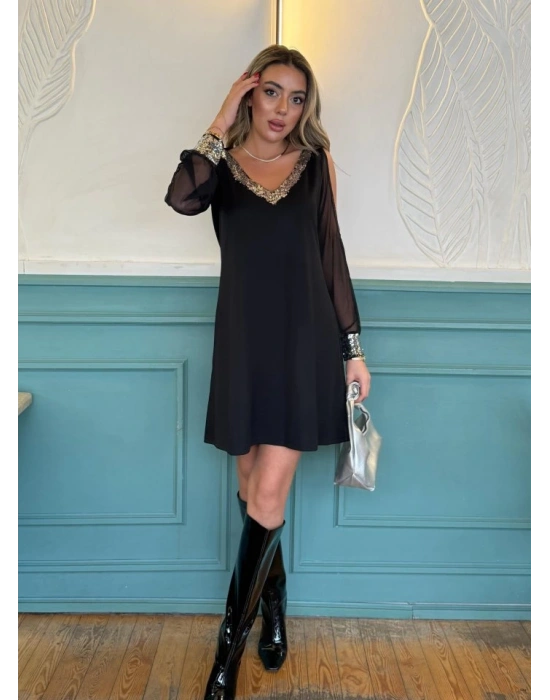 Kadın Siyah Uzun Kollu Kollar Tül Yırtmaçlı V Yakalı Kısa Krep Elbise
