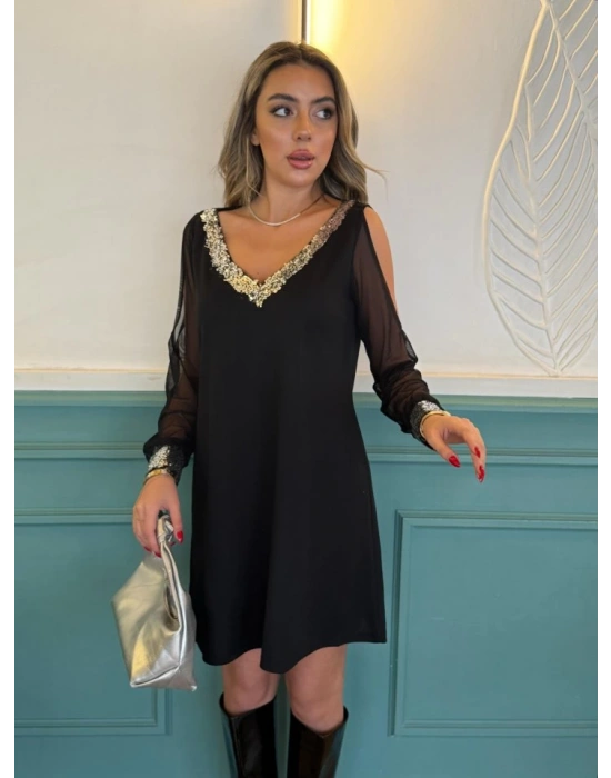 Kadın Siyah Uzun Kollu Kollar Tül Yırtmaçlı V Yakalı Kısa Krep Elbise