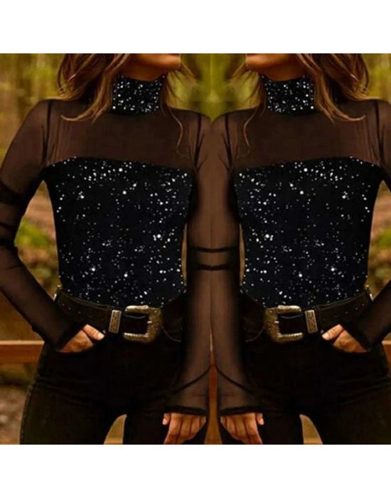 Kadın Siyah Uzun Kollu Kolları Ve Dekolte Tül Ve Payet Detay Balıkçı Yaka Bluz