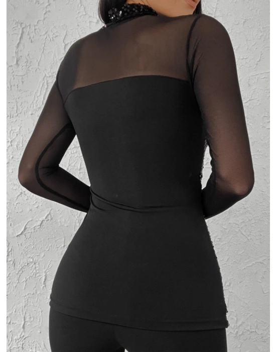 Kadın Siyah Uzun Kollu Kolları Ve Dekolte Tül Ve Payet Detay Balıkçı Yaka Bluz