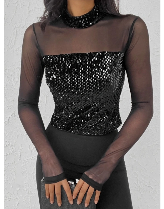 Kadın Siyah Uzun Kollu Kolları Ve Dekolte Tül Ve Payet Detay Balıkçı Yaka Bluz