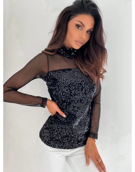 Kadın Siyah Uzun Kollu Kolları Ve Dekolte Tül Ve Payet Detay Balıkçı Yaka Bluz