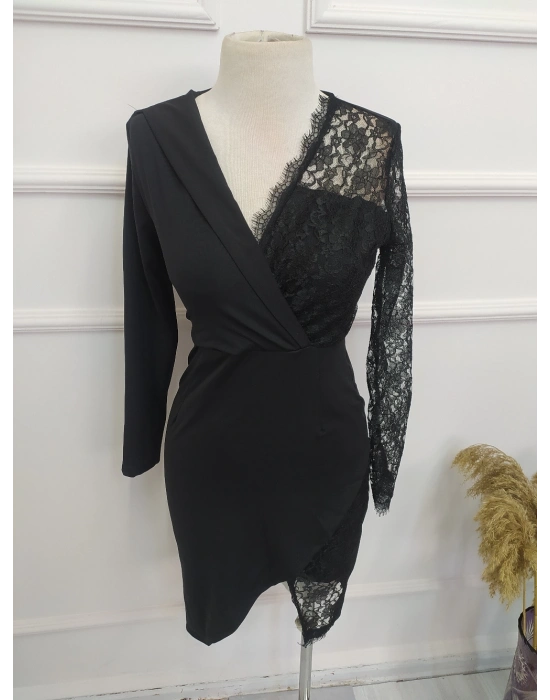 Kadın Siyah Uzun Kollu Tek Kolu Dantel Detay V Yakalı Yırtmaçlı Dalgıç Elbise