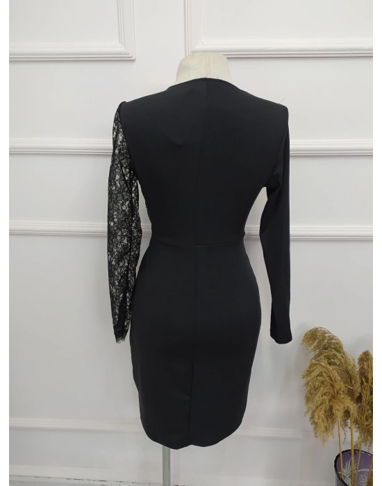 Kadın Siyah Uzun Kollu Tek Kolu Dantel Detay V Yakalı Yırtmaçlı Dalgıç Elbise