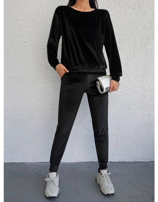 Kadın Siyah Uzun Kollu Tek Omuzu Açık Kadifetakım