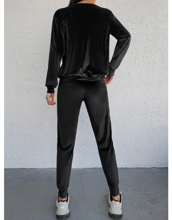 Kadın Siyah Uzun Kollu Tek Omuzu Açık Kadifetakım