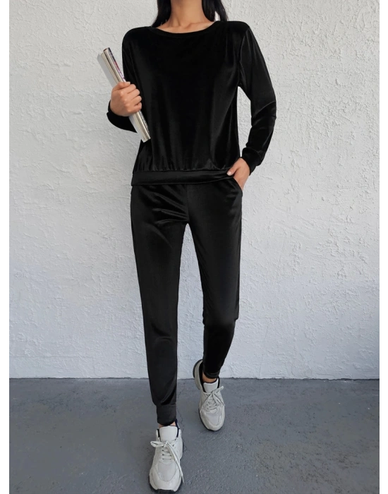 Kadın Siyah Uzun Kollu Tek Omuzu Açık Kadifetakım