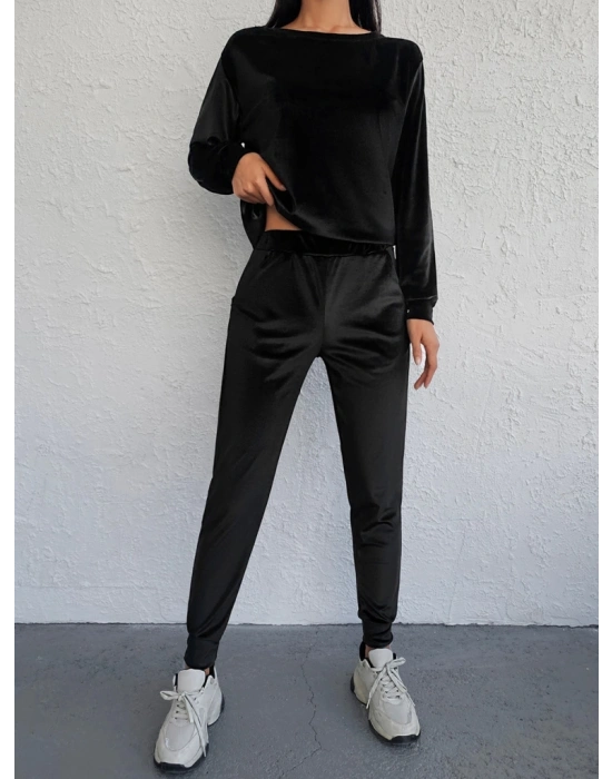 Kadın Siyah Uzun Kollu Tek Omuzu Açık Kadifetakım