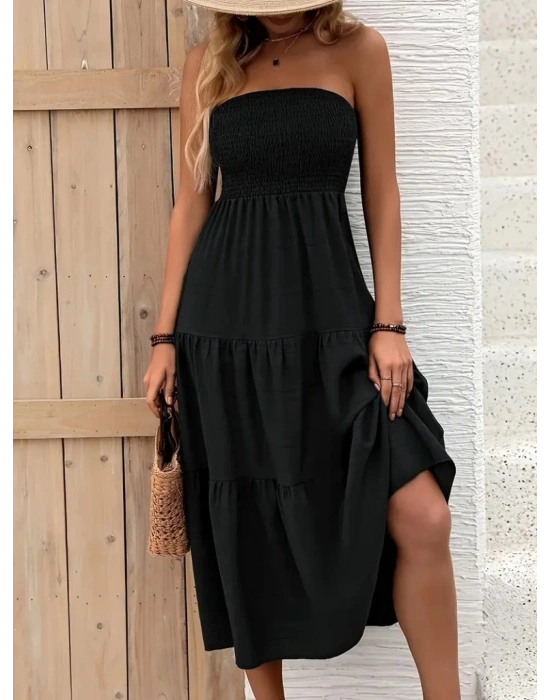 Kadın Straplez Göğüsten Lastikli Kloş Aerobin Uzun Elbise