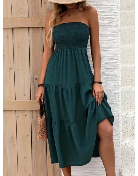 Kadın Straplez Göğüsten Lastikli Kloş Aerobin Uzun Elbise