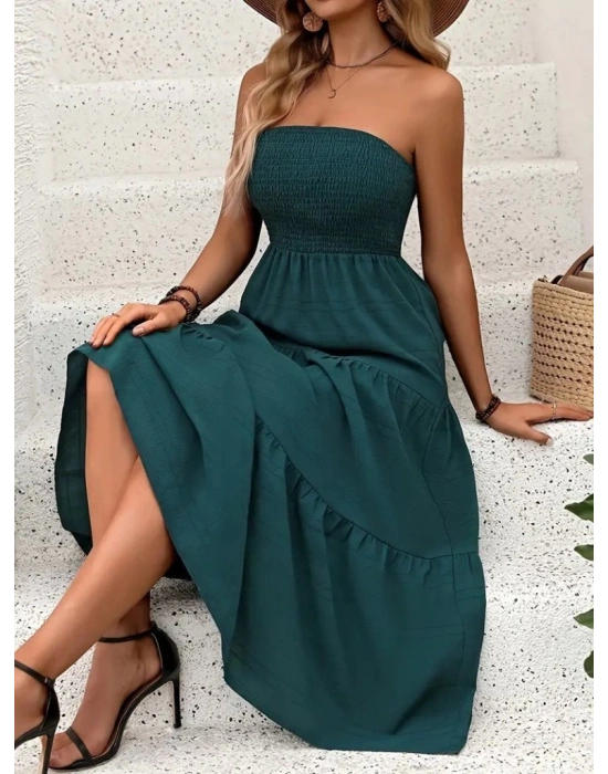 Kadın Straplez Göğüsten Lastikli Kloş Aerobin Uzun Elbise