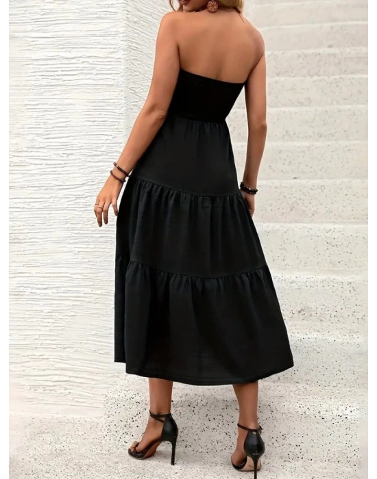 Kadın Straplez Göğüsten Lastikli Kloş Aerobin Uzun Elbise