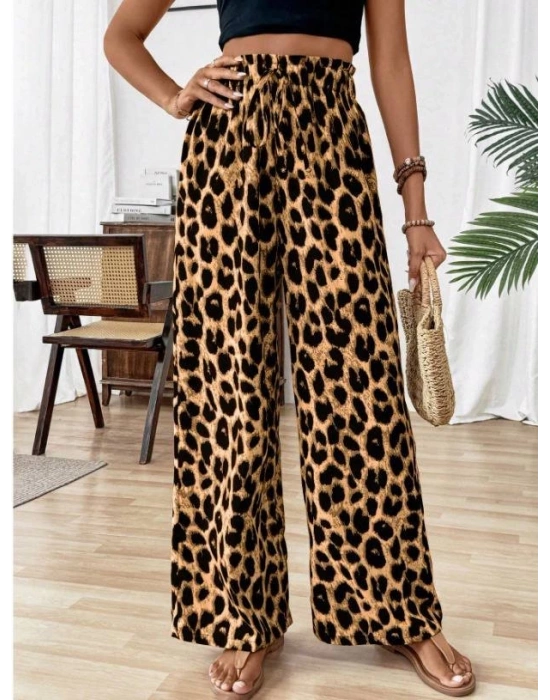 Kadın Süprem Kumaş Beli Lastikli Leopar Desen Pantolon