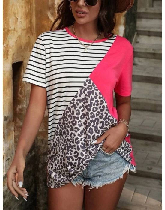 Kadın Süprem Kumaş Leopar Desenli Ve Cizgili Oversize Bluz