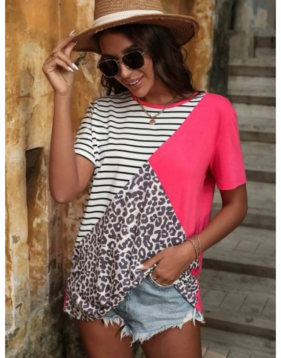 Kadın Süprem Kumaş Leopar Desenli Ve Cizgili Oversize Bluz