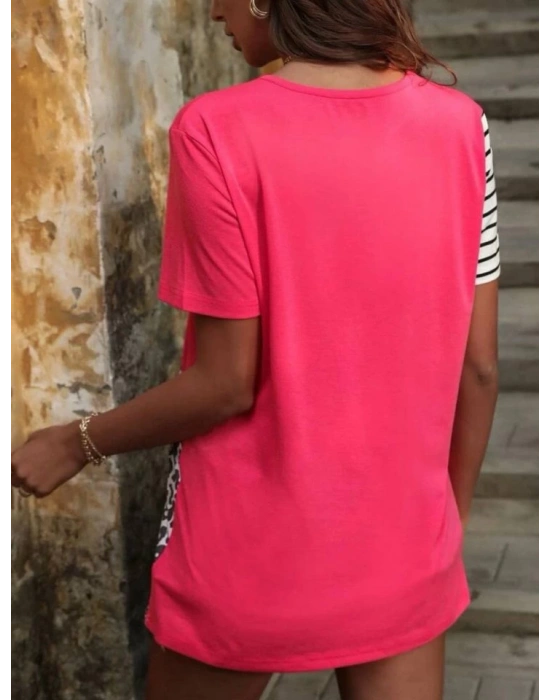 Kadın Süprem Kumaş Leopar Desenli Ve Cizgili Oversize Bluz