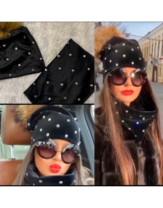 Kadın Taş Detay Boyunluk Ve Bere Takım