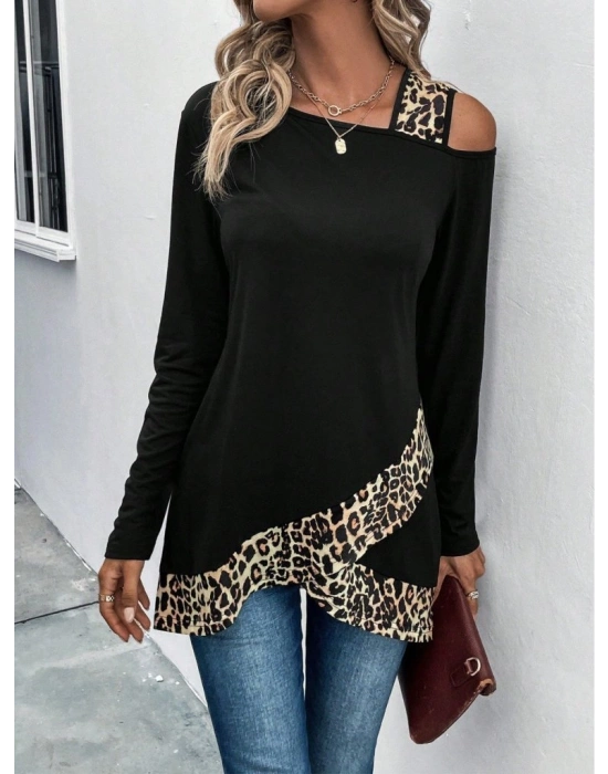 Kadın Tek O Uzdan Açık Askılı Uzun Kollu Leopar Detaylı Viskon Bluz