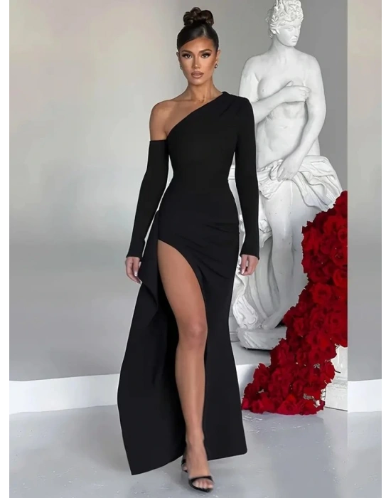 Kadın Tek Omuz Asimetrik Kesim Derin Yırtmaçlı Uzun Ithal Krep Elbise