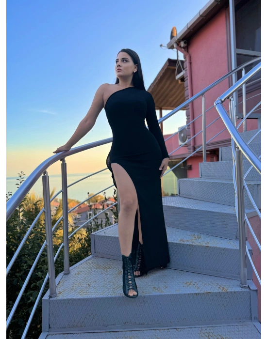 Kadın Tek Omuz Asimetrik Kesim Derin Yırtmaçlı Uzun Ithal Krep Elbise