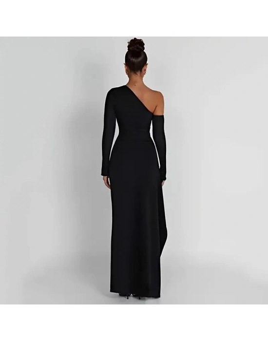 Kadın Tek Omuz Asimetrik Kesim Derin Yırtmaçlı Uzun Ithal Krep Elbise