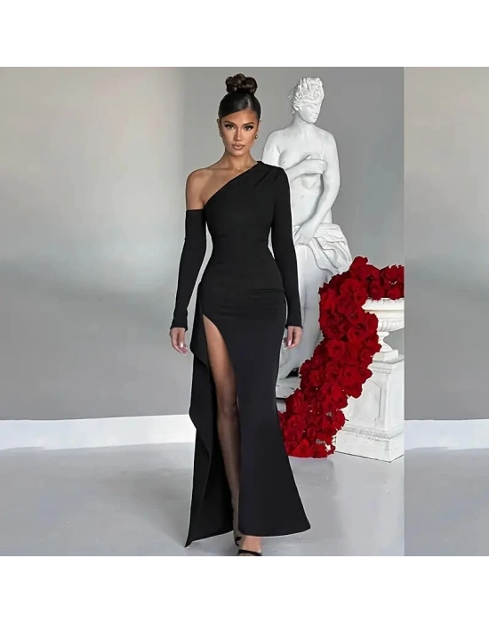 Kadın Tek Omuz Asimetrik Kesim Derin Yırtmaçlı Uzun Ithal Krep Elbise