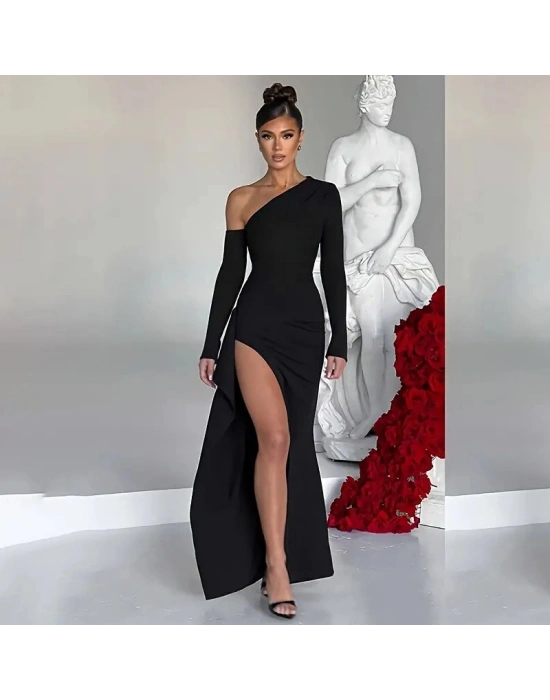 Kadın Tek Omuz Asimetrik Kesim Derin Yırtmaçlı Uzun Ithal Krep Elbise