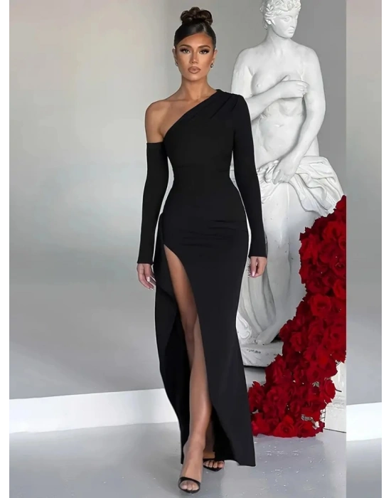 Kadın Tek Omuz Asimetrik Kesim Derin Yırtmaçlı Uzun Ithal Krep Elbise