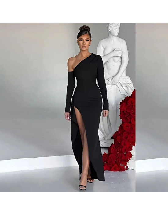 Kadın Tek Omuz Asimetrik Kesim Derin Yırtmaçlı Uzun Ithal Krep Elbise