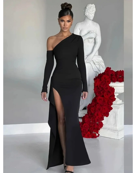 Kadın Tek Omuz Asimetrik Kesim Derin Yırtmaçlı Uzun Ithal Krep Elbise